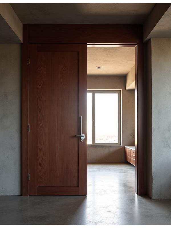 Tall, dark stained wooden pivot door in a minimalist urban loft apartment